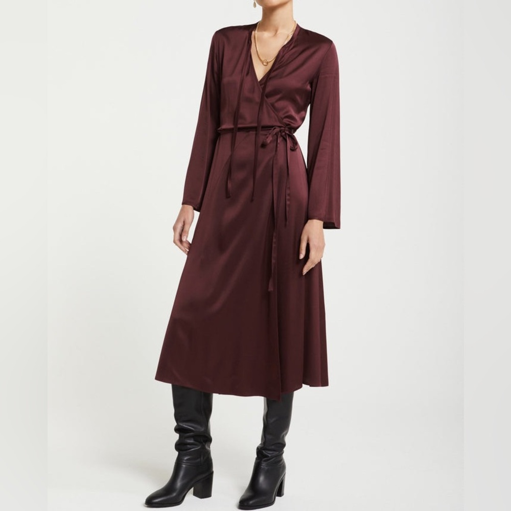 Anthropologie Italian OTTOD'AME Fluid Viscose Wrap Dress Wine LS Romantic Maxi